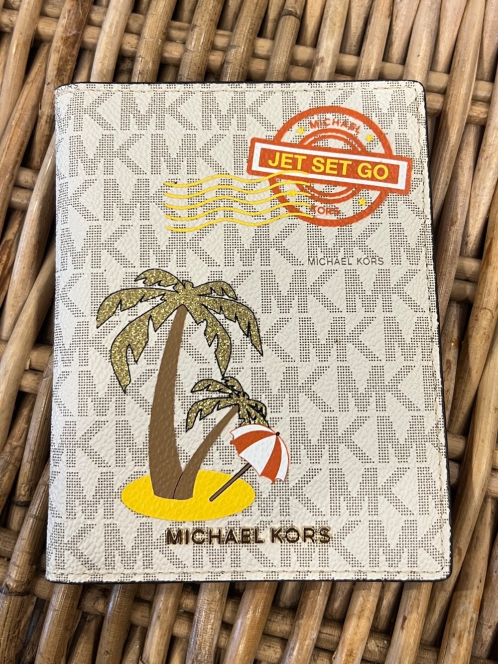 Michael Kors Cream & Brown Monogram Passport Cover with Tropical Motif